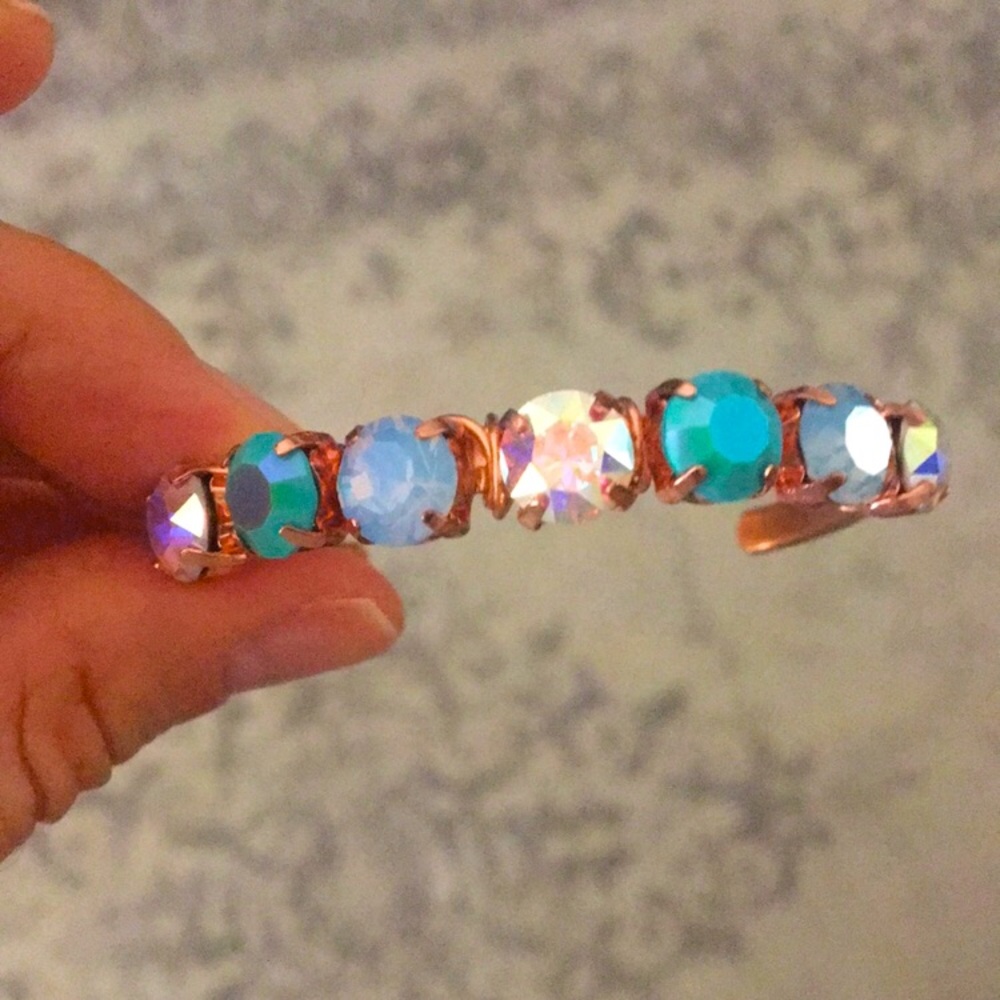 Raw Copper Iridescent Turquoise, Sapphire Opal +Aurora Borealis Crystal Bracelet